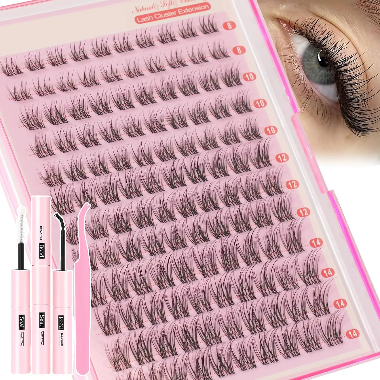 Natural Lash Clusters Kit Short Wispy Eyelash Clusters 8-14MM Clear Band Cluster Lashes Extensions Kit 120Pcs CC-Curly Daily Exquisite Eyelashes Clusters with Lash Glue, Bond and Seal and Tweezers