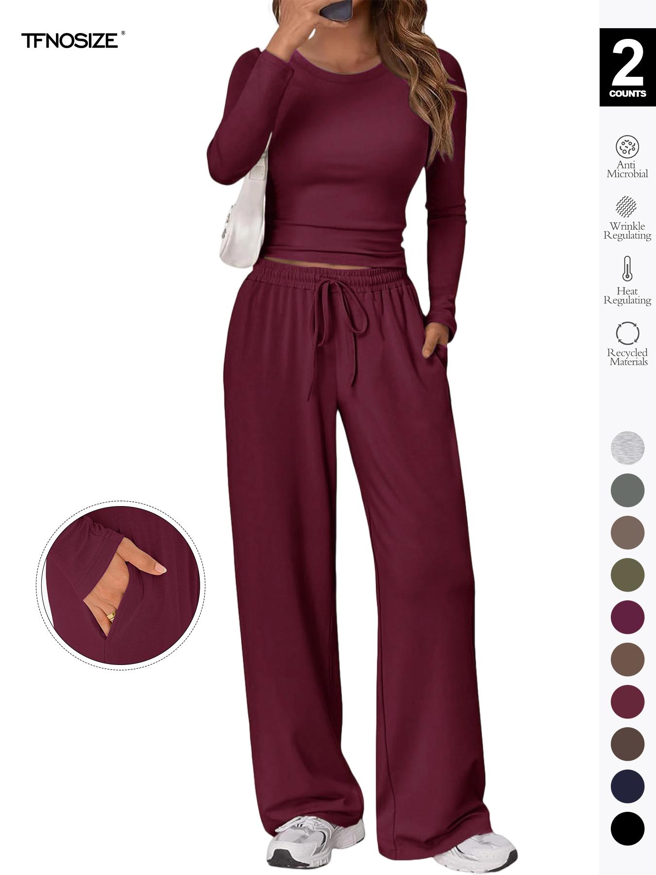 Women's 2 Piece Matching Loungewear Set, Long Sleeve Slightly Crop Fitted Top & Wide Leg Drawstring Pants, Casual Sweatsuit for Fall & Winter