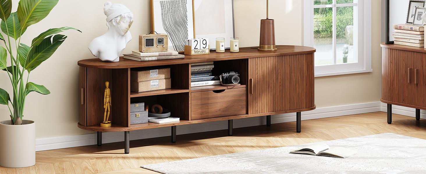 【SPOTLIGHT DAY】ONBRILL 69" TV Stand with Power Outlet for TVs up to 80", Entertainment Center with Storage and Drawer, TV Console with Adjustable Shelves and Sliding Door, TV Stand for Living Room, Bedroom