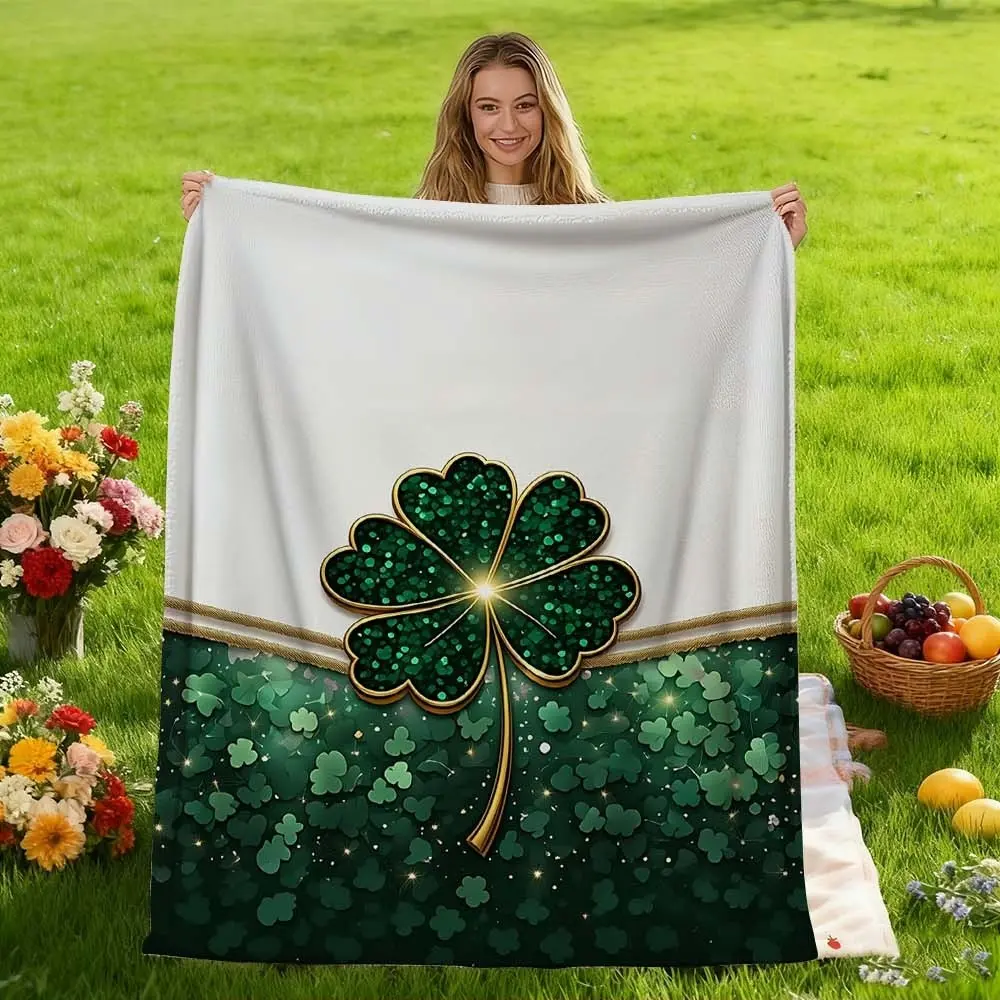 1 pac flannel "TK Tapestry St. Patrick's Day Clover Blanket - Green Sequin Shamrock Throw for Living Room, Sofa, Bedroom, Office, Outdoor Picnic, Festive Gift, Irish Theme Decor" Flannel blanket, throw blanket, nap blanket