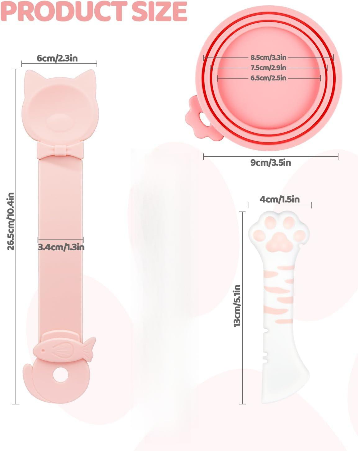 4 PCS Cat Food Can Covers Lids Set, Silicone Pet Food Can Lids with Multi-Function Cat Food Spoon and Opener, Cat Bar Squeezer for Cats and Dogs (Pink)