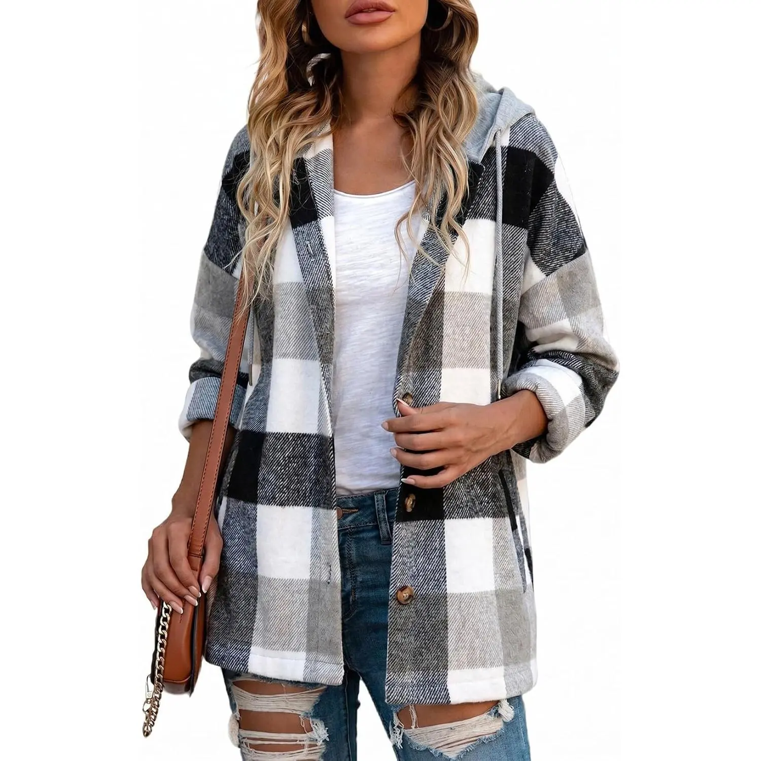 Women's Oversized Waffle Plaid Button-Down Lapel Hooded Shacket Coat, Long-Sleeve, Casual, Travel, With Pocket, 2026