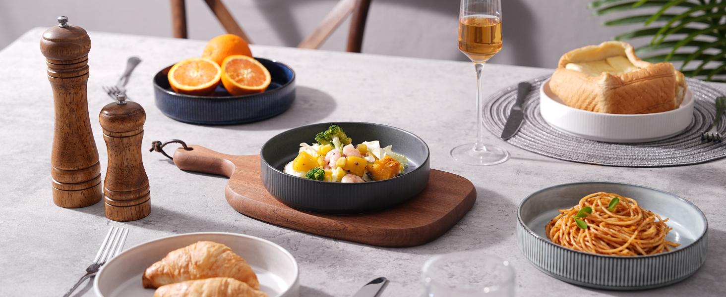 Famiware Star 8.25'' Stoneware Large Pasta Bowl (Set of 4) Tableware, Smoky Blue