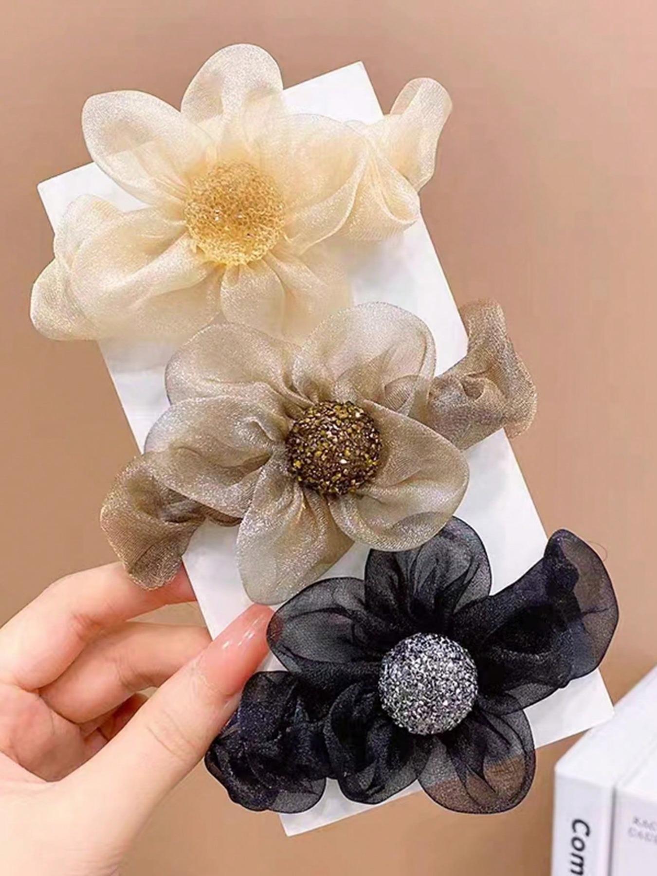 3pcs-Girls-Floral-Hair-Accessories-Set-For-Buns-Including-Beige-Organza-Flower-Hair-Elastic-Brown-Flower-Hair-Clip-And-Black-Hair-Tie-That-Are-Suitable-For-Daily-Life