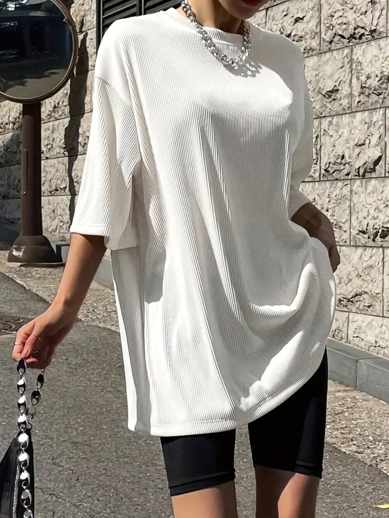 tiktokshopspringglowup Women's oversized ribbed T-shirt, breathable and elastic loose summer top, comfortable daily street wear basic T-shirt