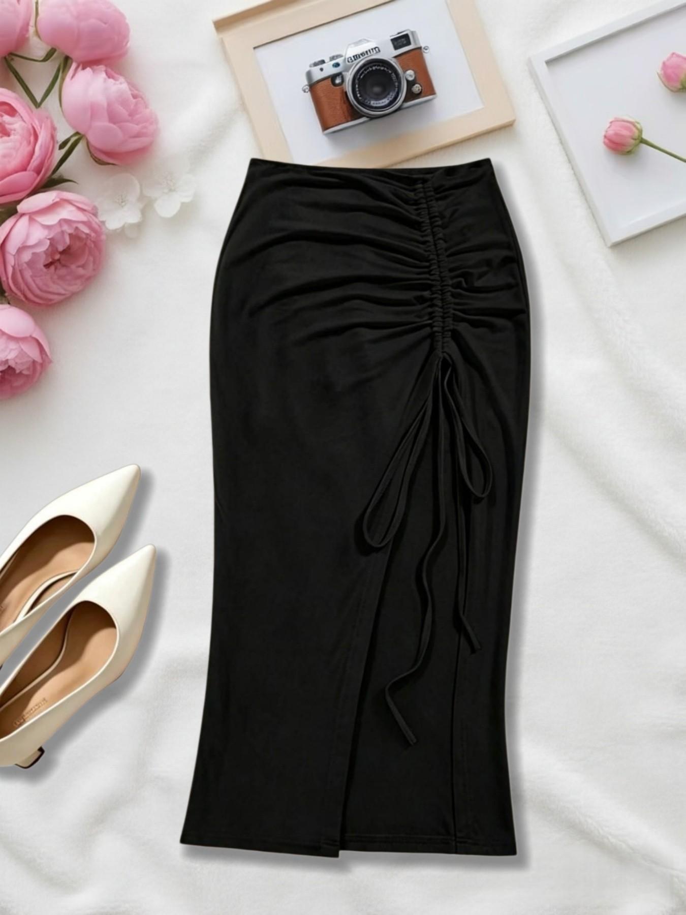 Two-Piece Punk Style Side Pleated Midi Skirt, Elastic Waist, Split Design, Office Wear, Fish Tail Butt Lift Skirt, Aesthetic, Fashion, Bottom
