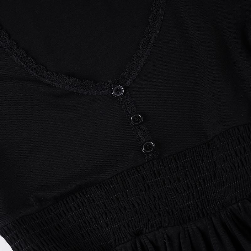 Sexy Elegant Low Neck Knit Half Placket Top. Casual Classy Top Flare Sleeve Loose Baby Doll Blouse. Solid Black Casual Y2K Minimalist T-Shirt for Daily Commute & Dating.