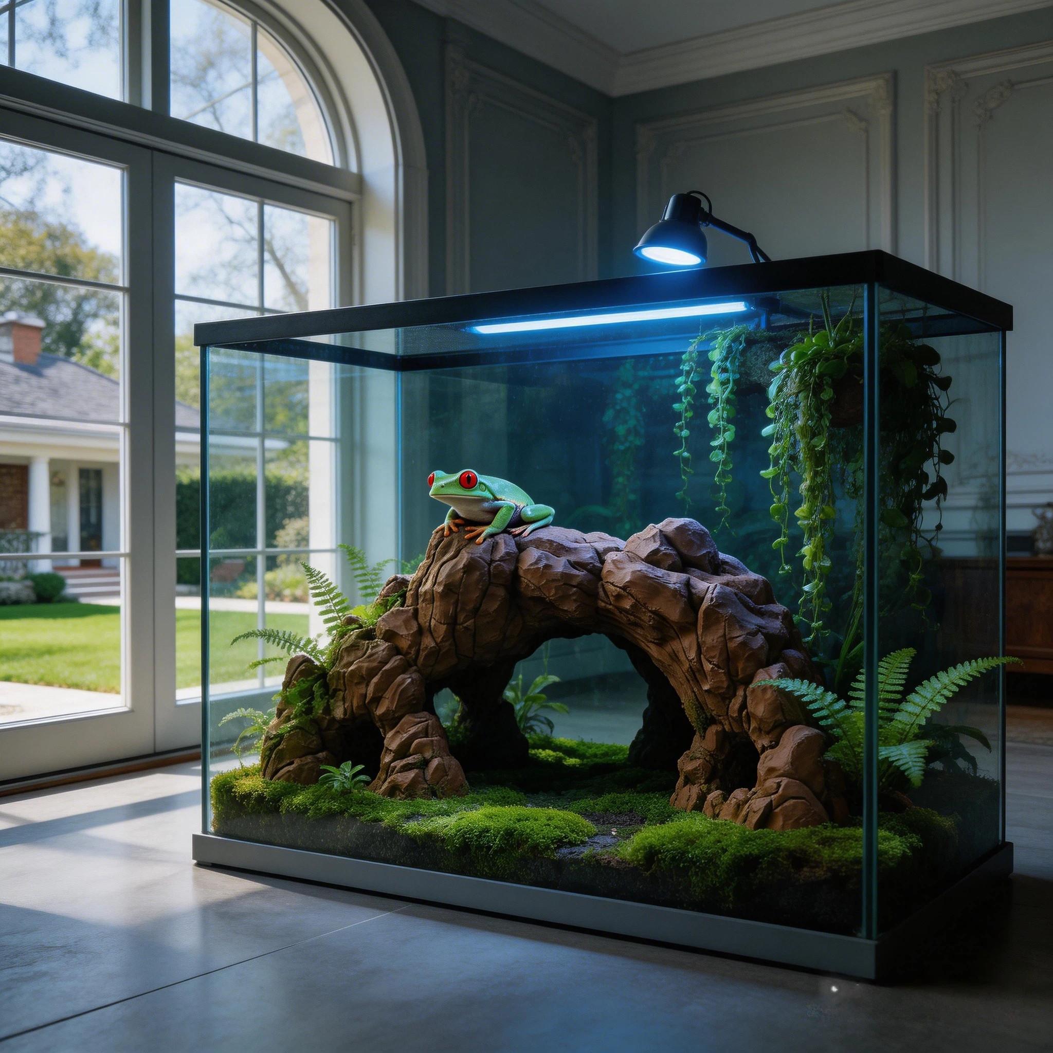 3D Printed Desert Cave Hideout for Reptiles, Frogs, Salamanders, Fish, Shrimp, Aquatic & Terrestrial Aquarium Decor, Sandstone Texture, Grass Top Design