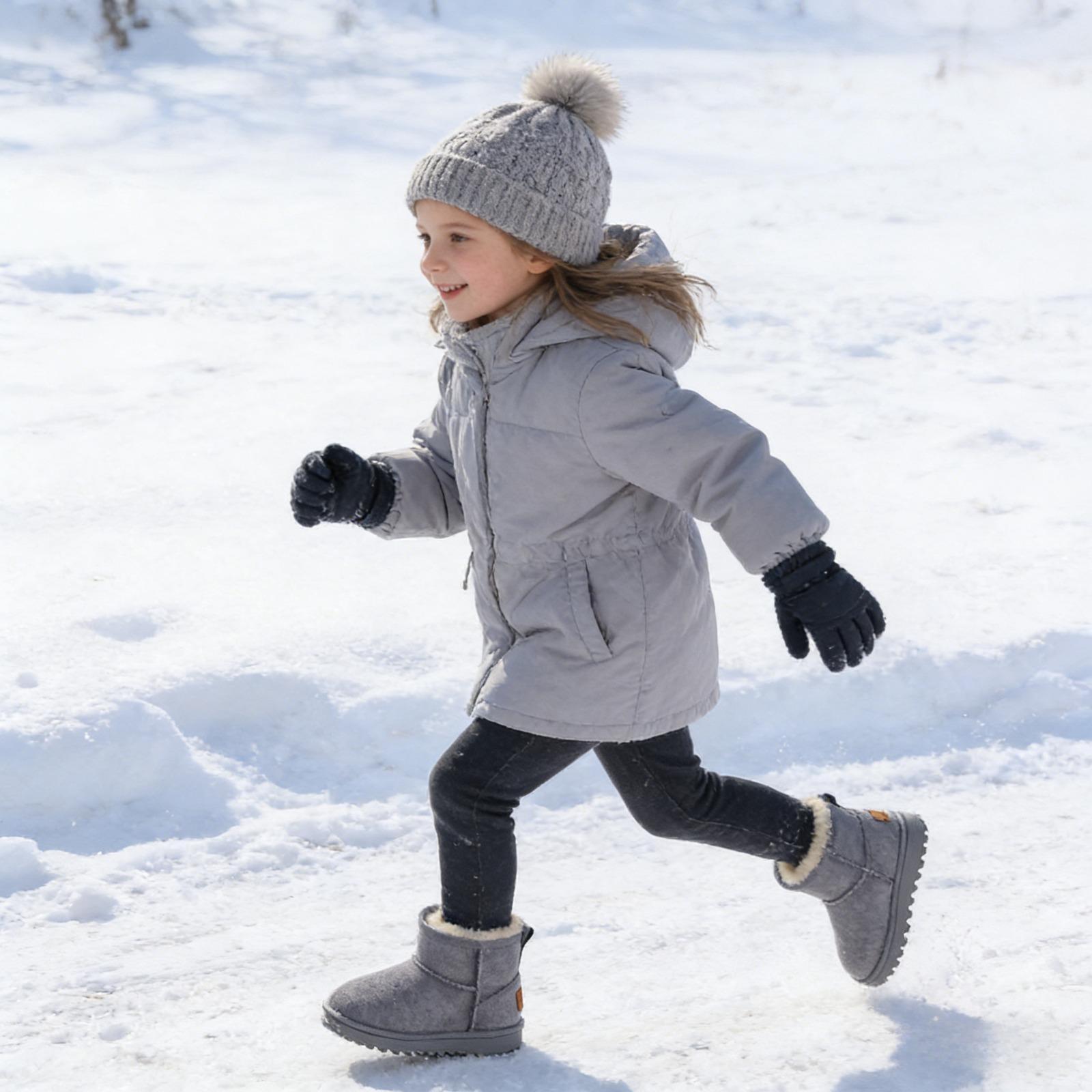 Kids' Cute & Versatile Round Toe Synthetic Snow Booties - Soft, Warm Faux Fur Liner, Non-Slip Flat Ankle Boots for Casual Daily Wear, Birthday, Holiday (Khaki, Black, Gray)