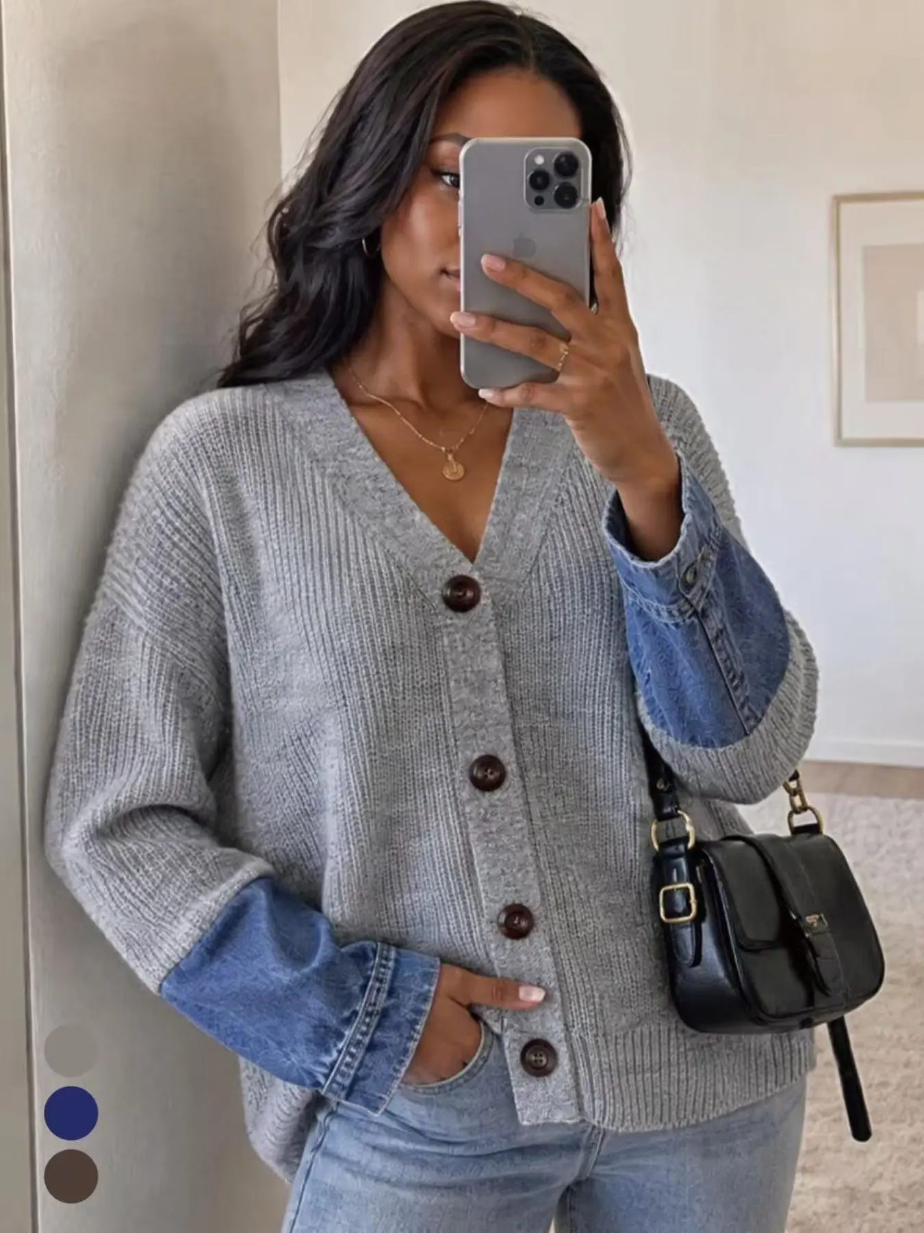 Women's V Neck Loose Knitting Cardigan, Denim Patched Sleeves, Button Front Long Sleeve, Loose-Fitting Winter Sweater, Casual Elegant Style