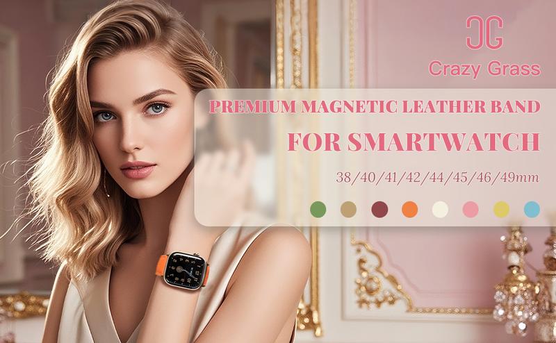 CRAZYGRASS Magnetic Leather Strap for Women Watch band Fit 38mm/40mm/41mm/42mm/44mm/45mm/46mm/49mm Square Smartwatch Compatible with Smartwatch 9/8/7/6/5/4/3/2/1/SE/SE2 Breathable [WATCH NOT INCLUDED] Wearable Electronic Gadgets