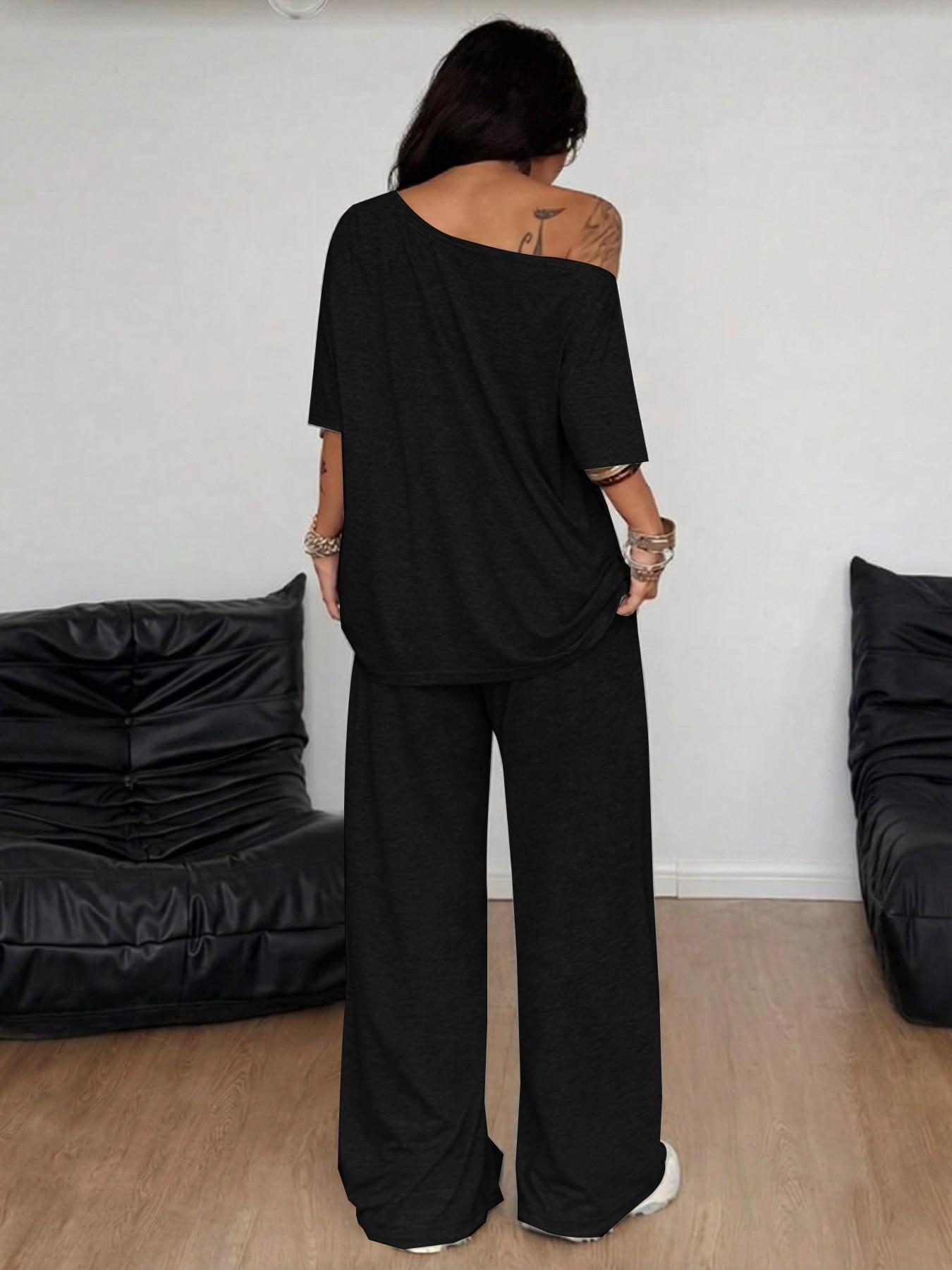 Women's 2-Piece Lounge Set, Off-Shoulder Oversized Top & Wide-Leg Pants, Soft Comfortable Drawstring Loungewear for All Seasons
