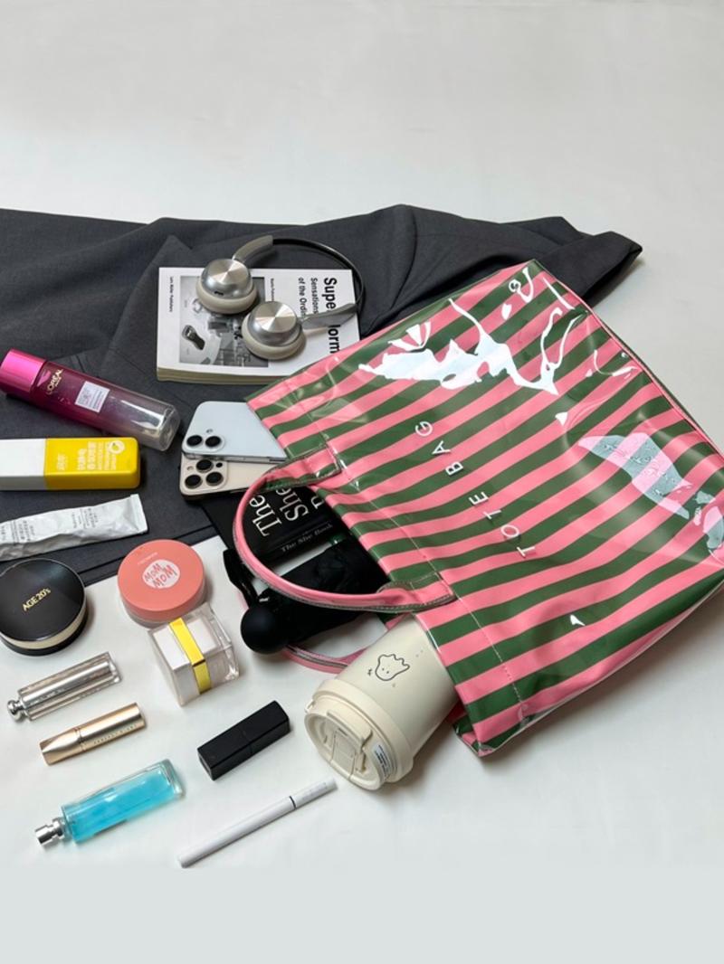 Valentine's Day New Sweet Fresh Stripe Tote Bag, Shiny PVC Large Capacity Commuter Bag, Casual Trendy Bag, Perfect for Spring Summer Shopping