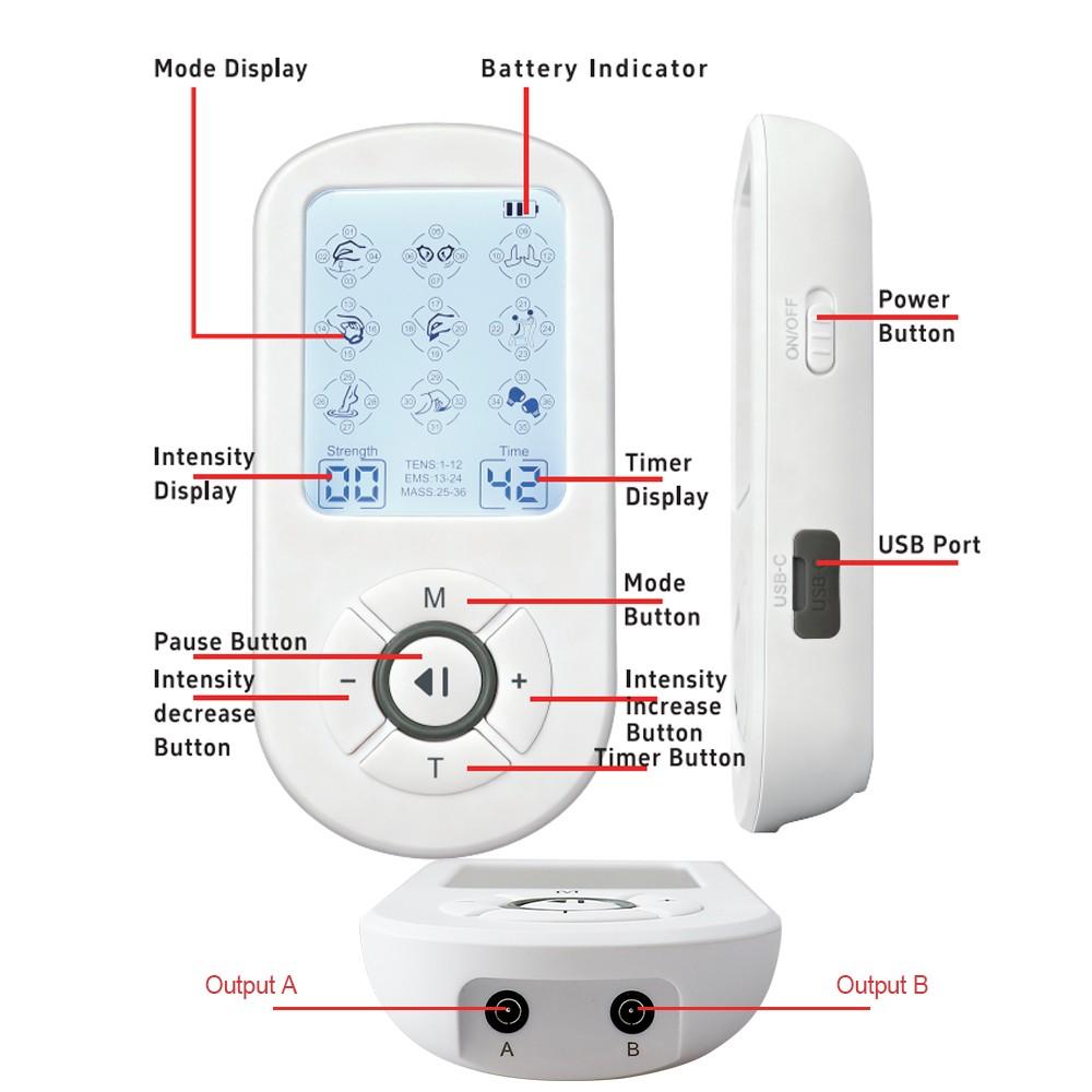 36 Modes Electrical EMS Muscle Stimulator 2 Output Tens Massage Physiotherapy Apparatus Pulse Therapy Acupuncture Device Full Body Relax Massager 30 Intensity Electrostimulator Multifunctional Massager