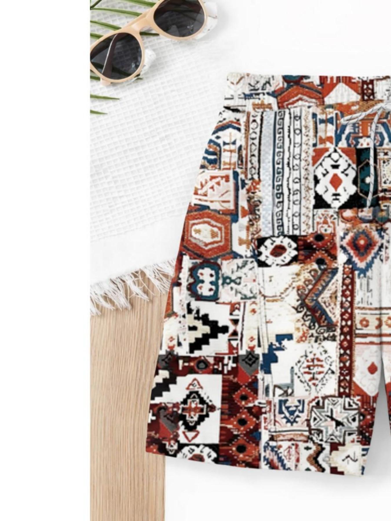 Summer Boys' Bohemian Ethnic Patchwork Drawstring Beach Pants, Kids Retro Loose Fit Coastal Vacation Swim Shorts, Cartoon Pattern