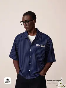 Men's Striped Short Sleeve Shirt, Casual Breathable Fitted Top, Graphic Pattern, Streetwear Style, Comfortable Daily Wear