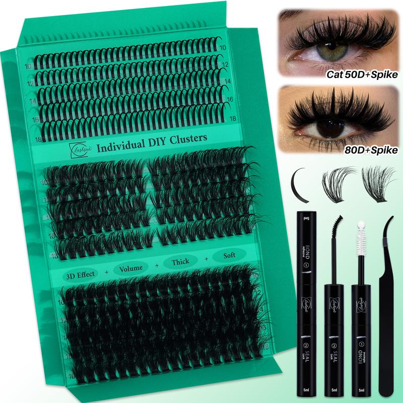1450/640/460/350 PCS D Curl Lash Clusters Kit, 11 Styles Cat Volume Spikes and 3D Effect Lashes Eyelash Extensions with Bond and Seal Remover Applicator Headband and Wristband, Suitbale for Easy DIY Makeup at Home