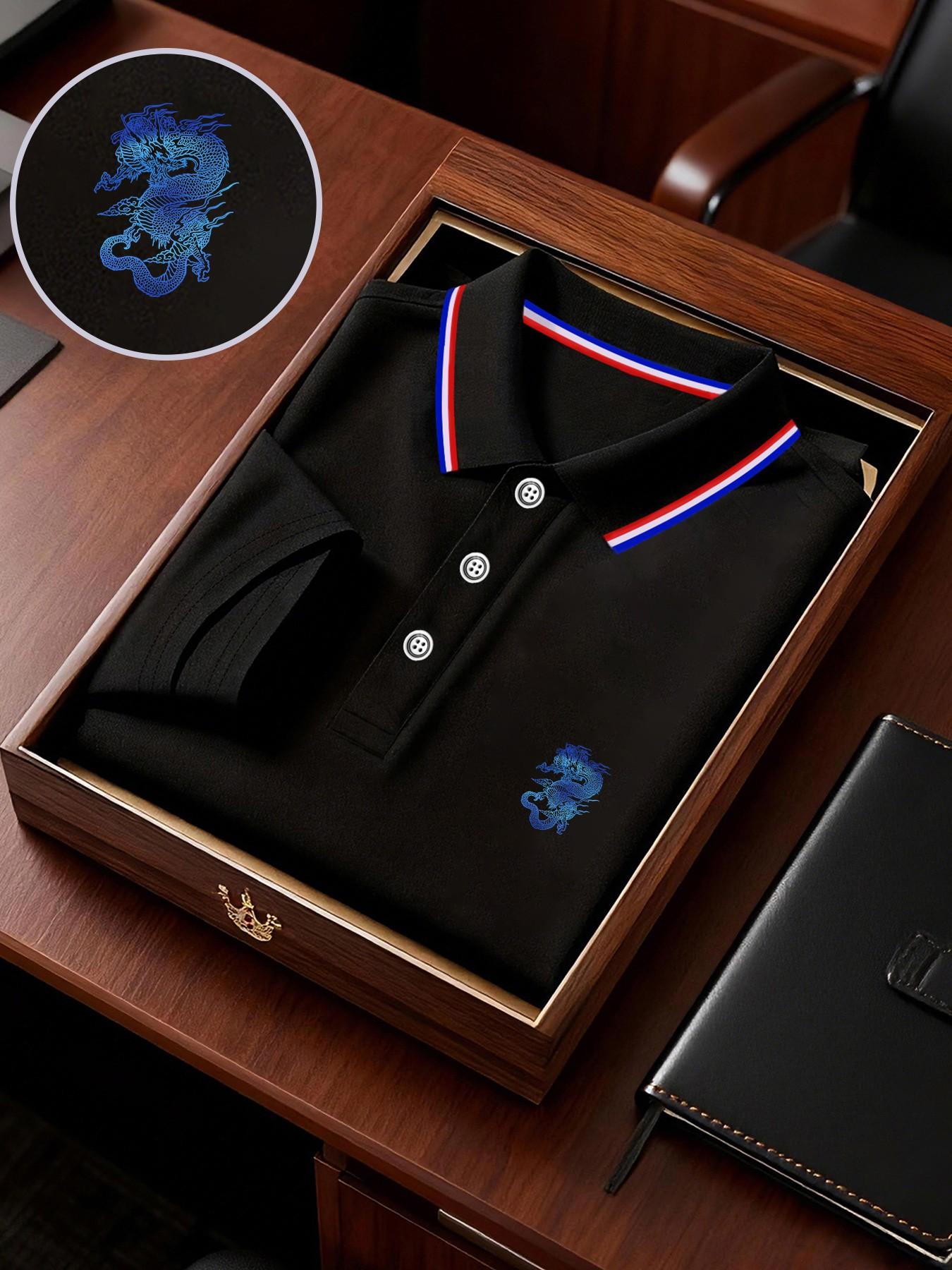 Men's Geometric Print Polo Shirt, Loose-Fit Short Sleeve, Breathable Elastic Fabric, Casual Business Tee, Spring Summer Outdoor Wear