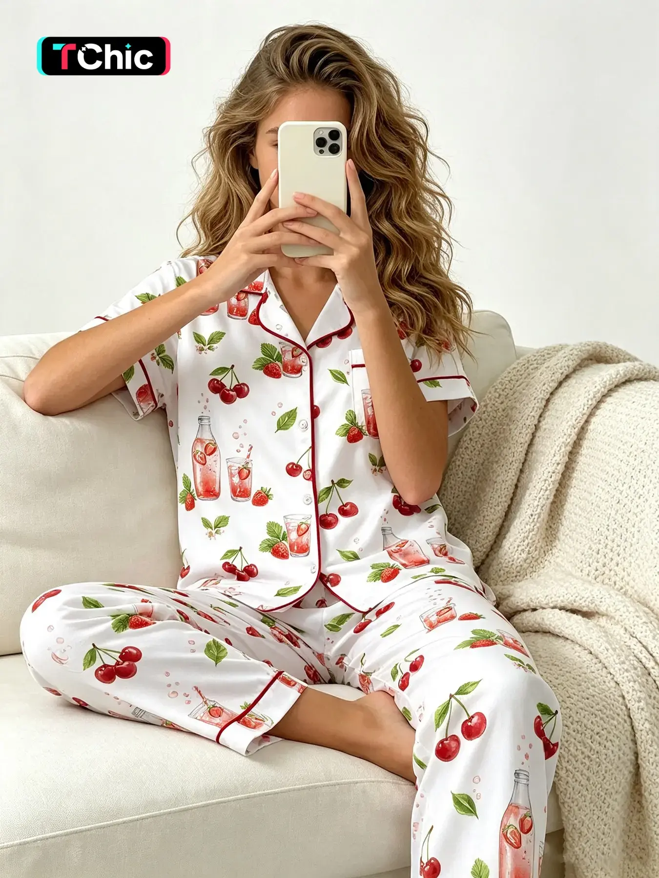 Women's Button Down Short Sleeve Top and Long Pants Pajama Set, All Season Wear, Cozy Relaxed Fruit Soda Print, Lazy Comfort Style, Home Loungewear Sleepwear for Leisure