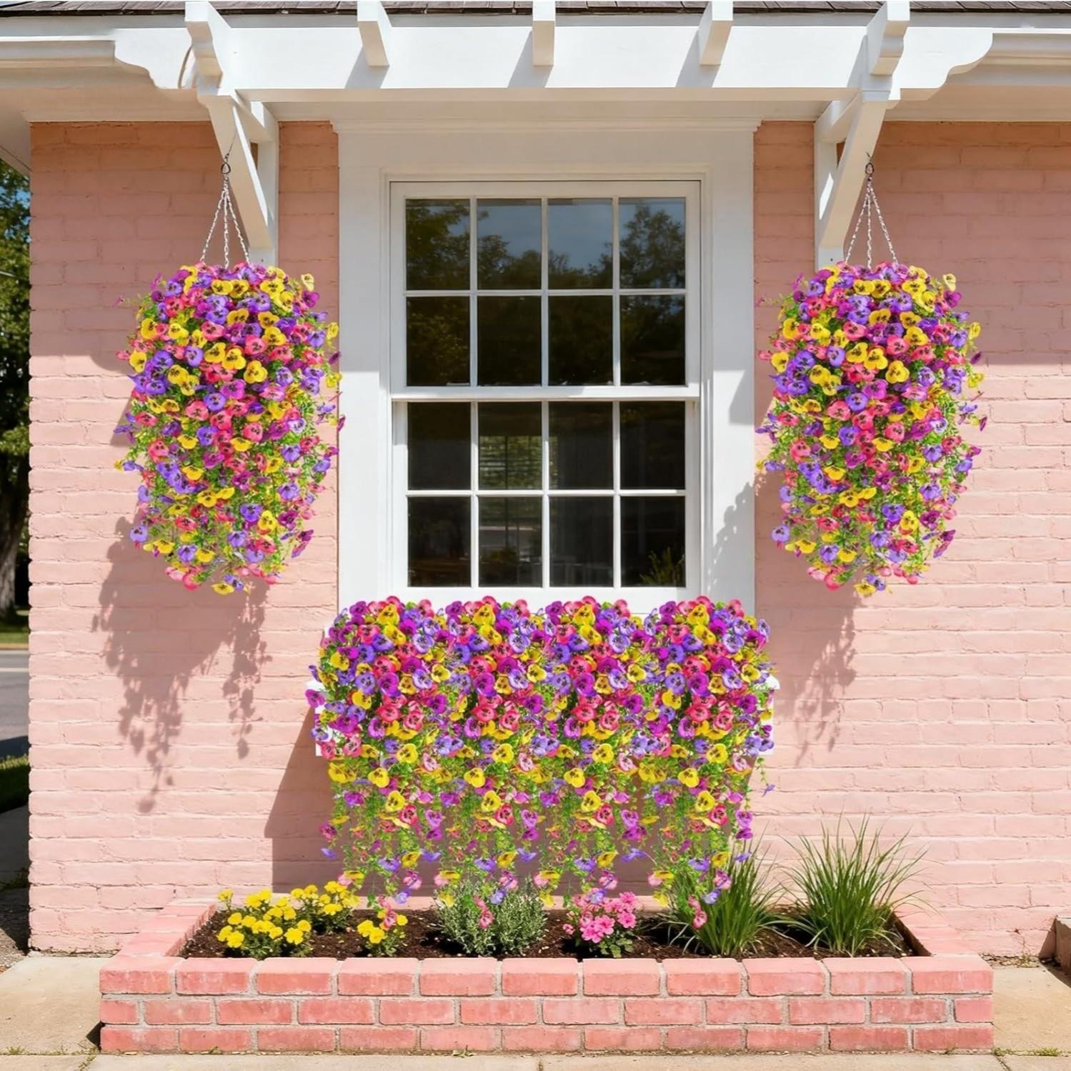 Artificial Fake Hanging Flowers for Outdoors Planters,6PCS Artificial Flower Set UV Resistant Faux Pansy Spring Flowers for Outside Porch Patio Garden Window Box Flower Arrangements (Mixed Colors) #GLOBAL PICKS
