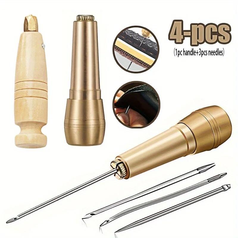 4-Piece Leather Sewing Awl Set, Straight and Bent Needles, Handmade Shoe Repair Tools, Ideal for Leather Crafting and Maintenance