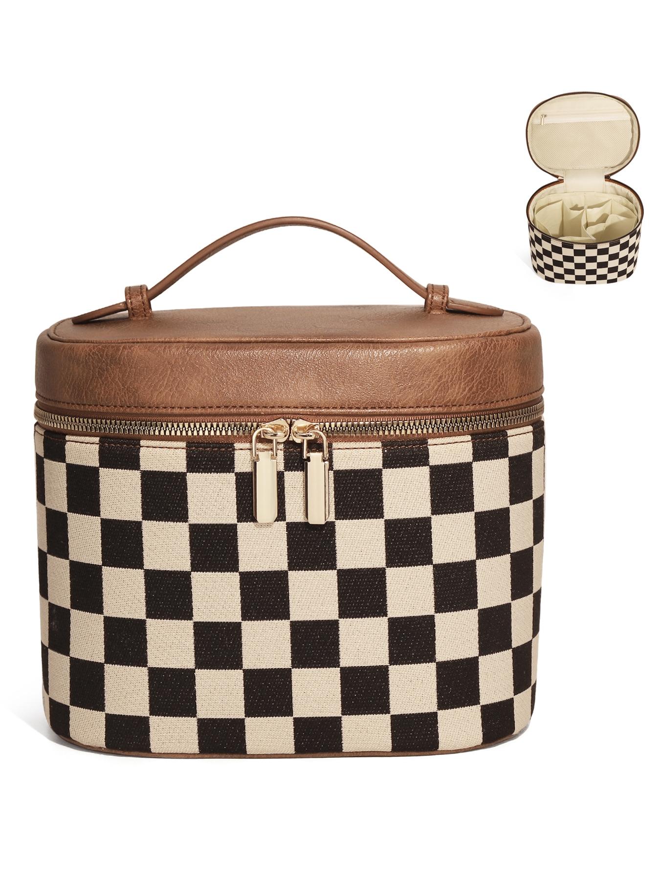 Fashion Checkered Makeup Bag Vanity Case for Women Leather Cosmetic Bag Travel Toiletry Bags Portable Makeup Organizer Case