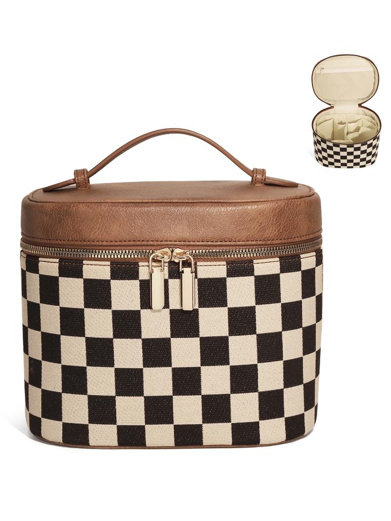 Fashion Checkered Makeup Bag Vanity Case for Women Leather Cosmetic Bag Travel Toiletry Bags Portable Makeup Organizer Case