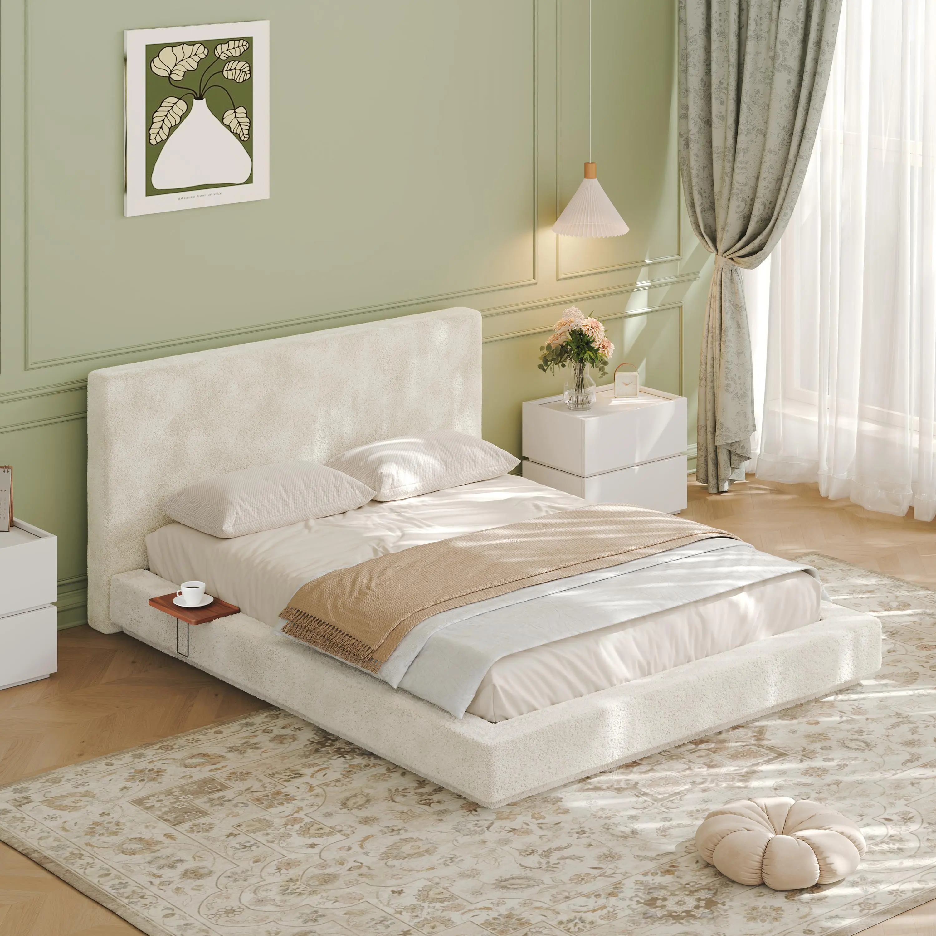 Queen Platform Bed Frame with Adjustable Sliding Side Table, Off-White Upholstered Headboard, Visual Floating Design, No Box Spring Needed