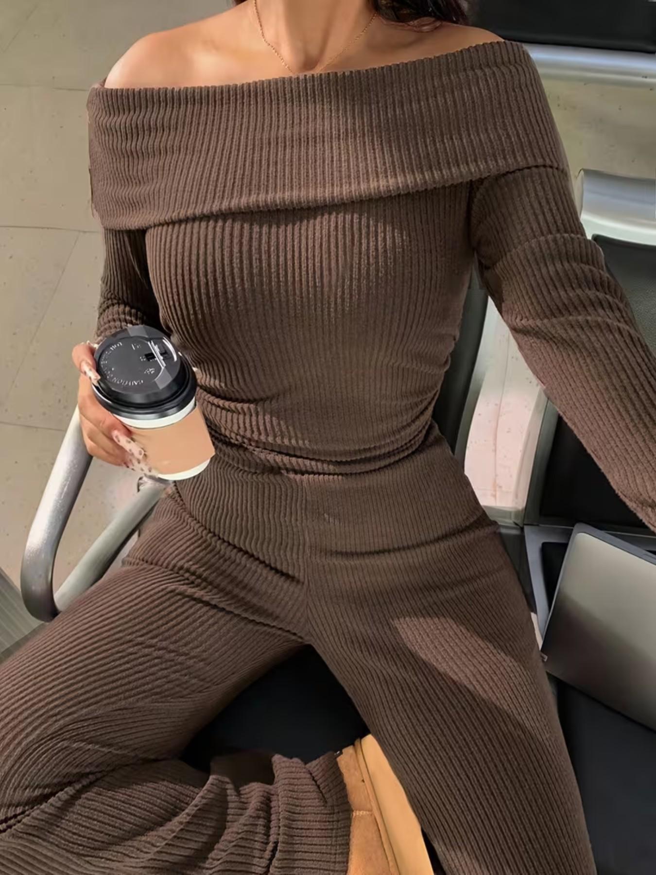 New European and American Style Fall Winter Solid Color Sexy Off-Shoulder Long Sleeve Top + Wide Leg Bell Bottom Pants Two-Piece Set