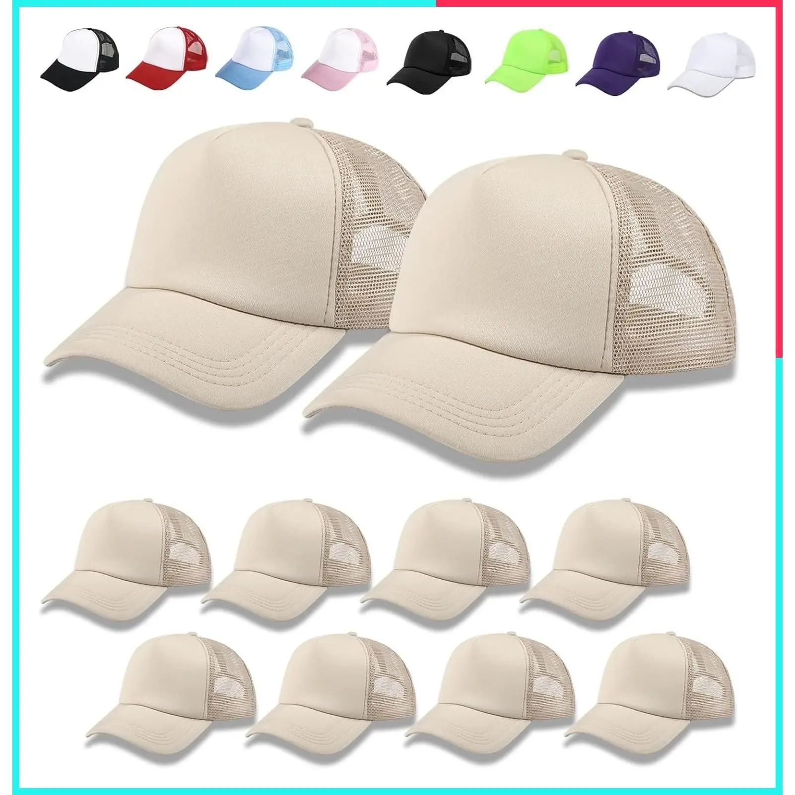 10 Pack Sublimation Blank Adjustable Baseball Caps - Polyester Mesh Trucker Hats for Men & Women