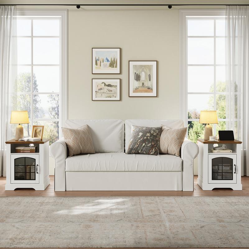 HOOBRO Small Farmhouse End Table for Living Room, Rustic Nightstand with Charging Station, Wooden Sofa Side Table with Tempered Glass Barn Door, for Bedroom, White and Walnut