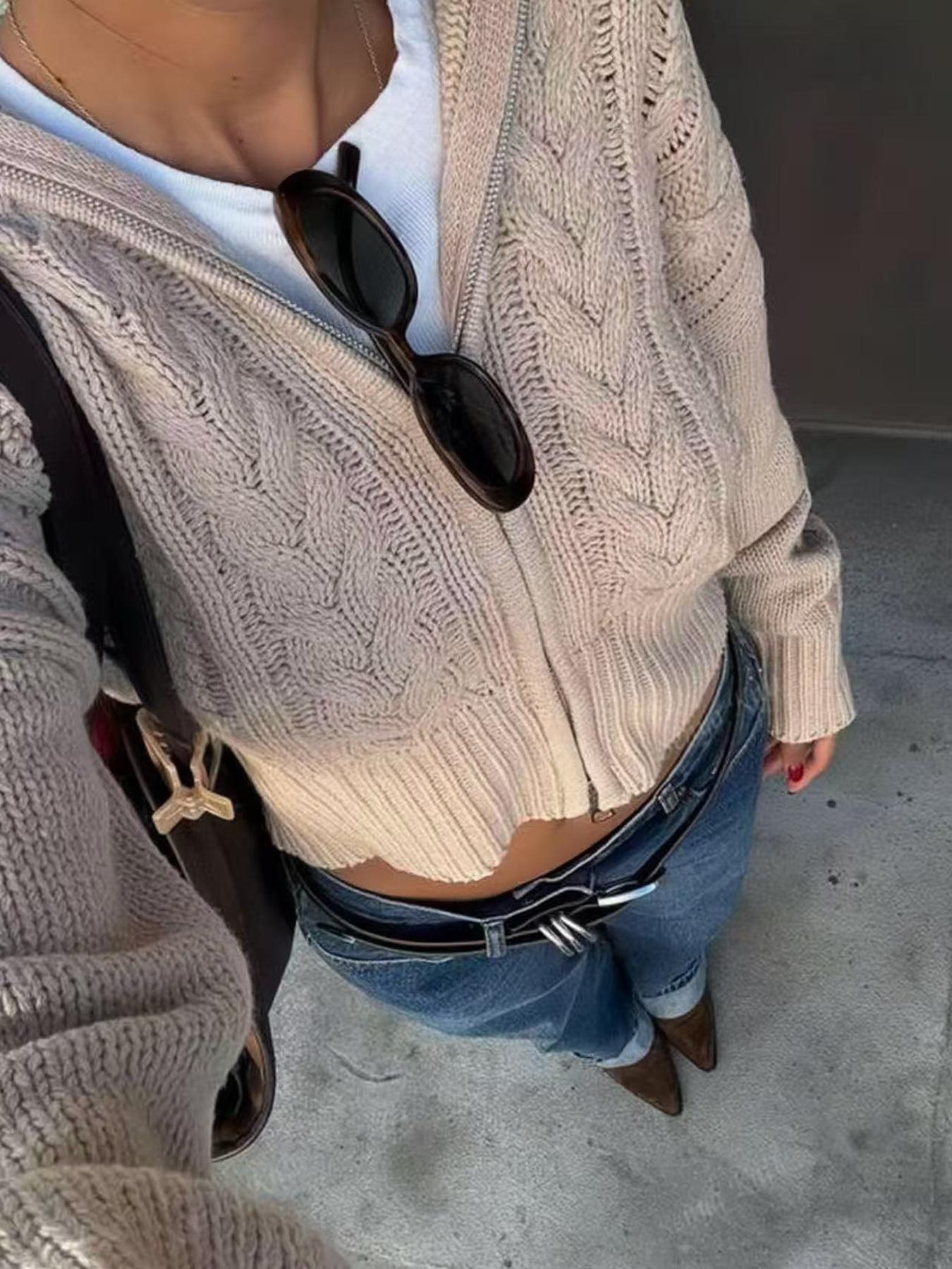 Women's Fall Winter Street Style Zipper Collar Cardigan, Fashion Casual Versatile Solid Color Sweater Coat, Ladies Outerwear