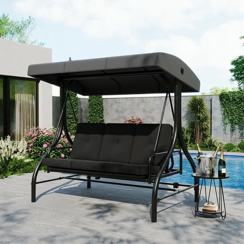 Garvee 3-Seat Outdoor Porch Swing with Adjustable Canopy and Stand, Heavy Duty Steel Frame Supporting 800 Lbs, Reclines to 180° Swing Bed, Includes Cup Holder Trays, Cushions & Pillows, Available in Black, Red, or Grey
