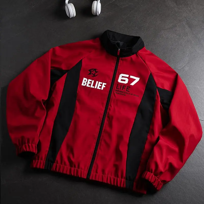 Men Red Black Color Block Track Jacket, Stand Collar Full Zip Windbreaker with Number Letter Star Graphic Print, Elastic Cuffs Hem Windproof Lightweight Hip Hop Street Athletic Outerwear