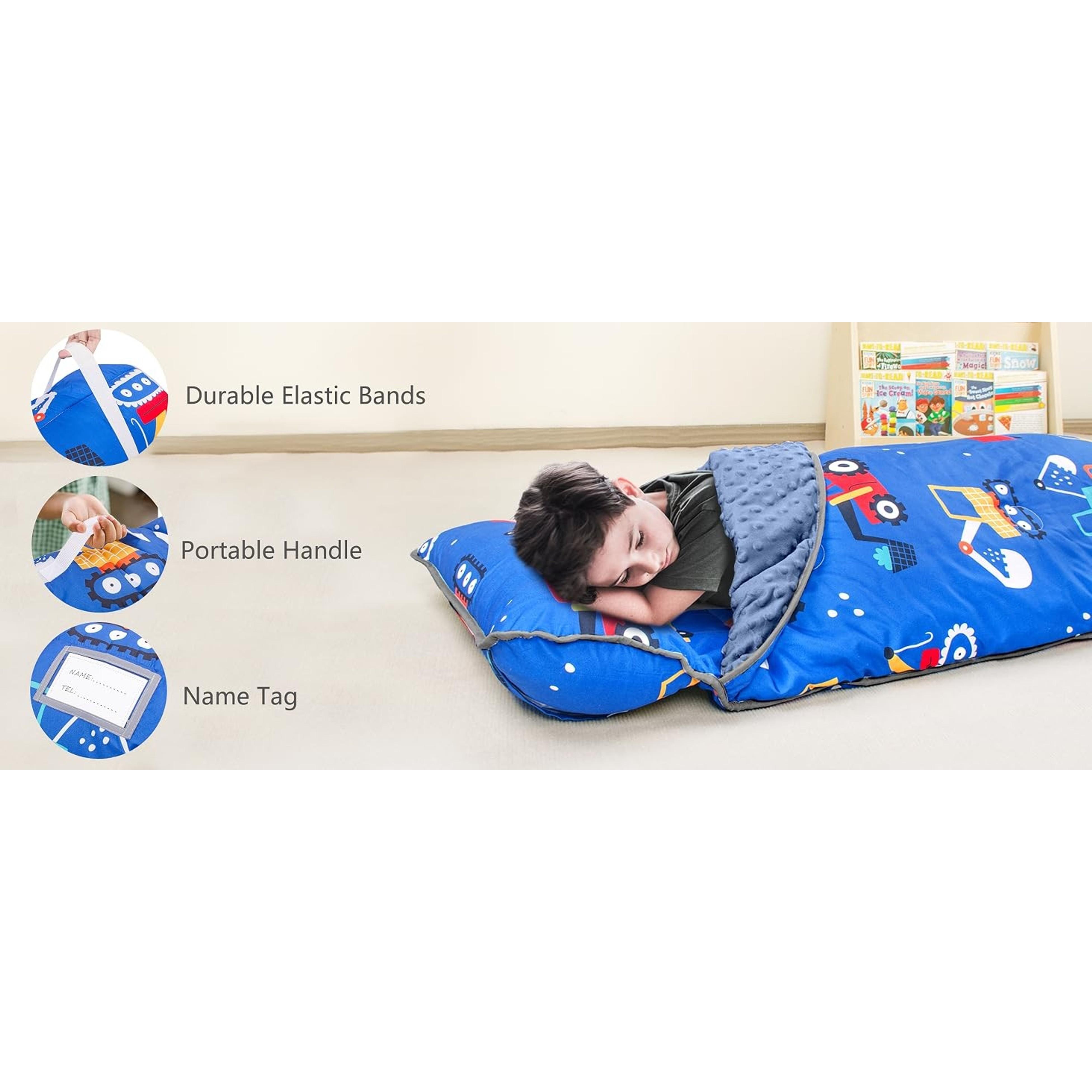 Thickened Toddler Nap Mat with Removable Pillow and Minky Blanket, Extra Large 55''x35'' Sleeping Bag, Washable, Roll up, Perfect for Daycare, Preschool, Kindergarten, Boys and Girls
