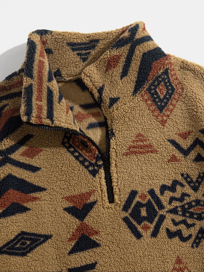 Men's Ethnic Pattern Zip Up Hooded Sweatshirt & Pants Two-piece Set, Casual Long Sleeve Collar Top & Pocket Trousers for Fall & Winter, Men's Two-piece Outfits for Daily Wear