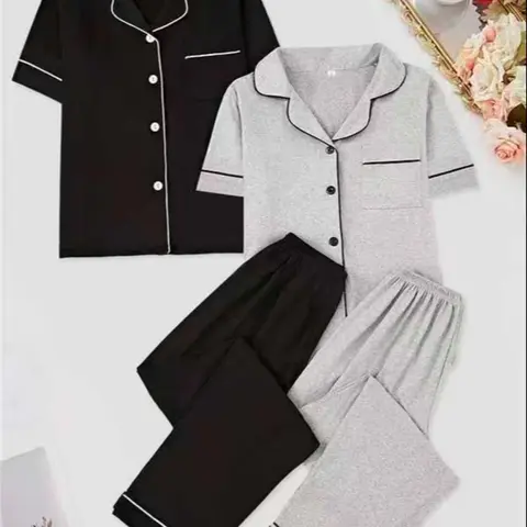Women's Homecoming, Short Sleeve Long Pants Set, Lapel Design, Chest Pocket Detail, Spring & Fall Wear, Pajama