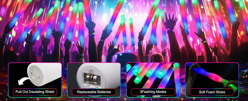 Bulk 12/36/52/102-Pack Colorful LED Light Up Glow Sticks for Raves & Concerts - 3 Flashing Modes, Glow in Dark Party Supplies for Home Parties, Fan Meetings, Weddings, Birthdays & Halloween Gifts Plastic Pearl