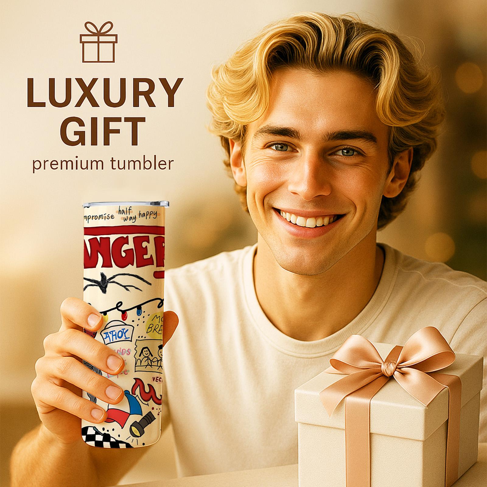 1 Pc 20oz Skinny Vacuum Cup, Tumbler, Funny Dad Tumbler, Insulated Travel Drinkware, Retro 80s sci fi doodle collage, monster art, double wall steel, leak proof lid, keeps hot 12 hours, cold 24 hours, movie fan gift, gift for friends