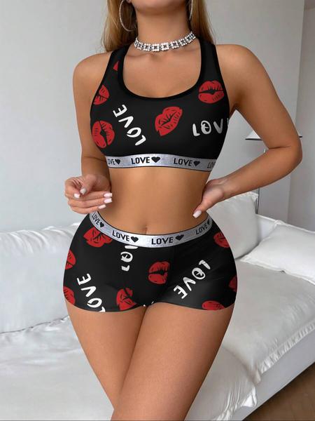 Women's Halloween Pajama Set, Sexy Leopard Print Skull Lips Design, Cute Spaghetti Strap Top & Elastic Waist Shorts, Summer Sleepwear