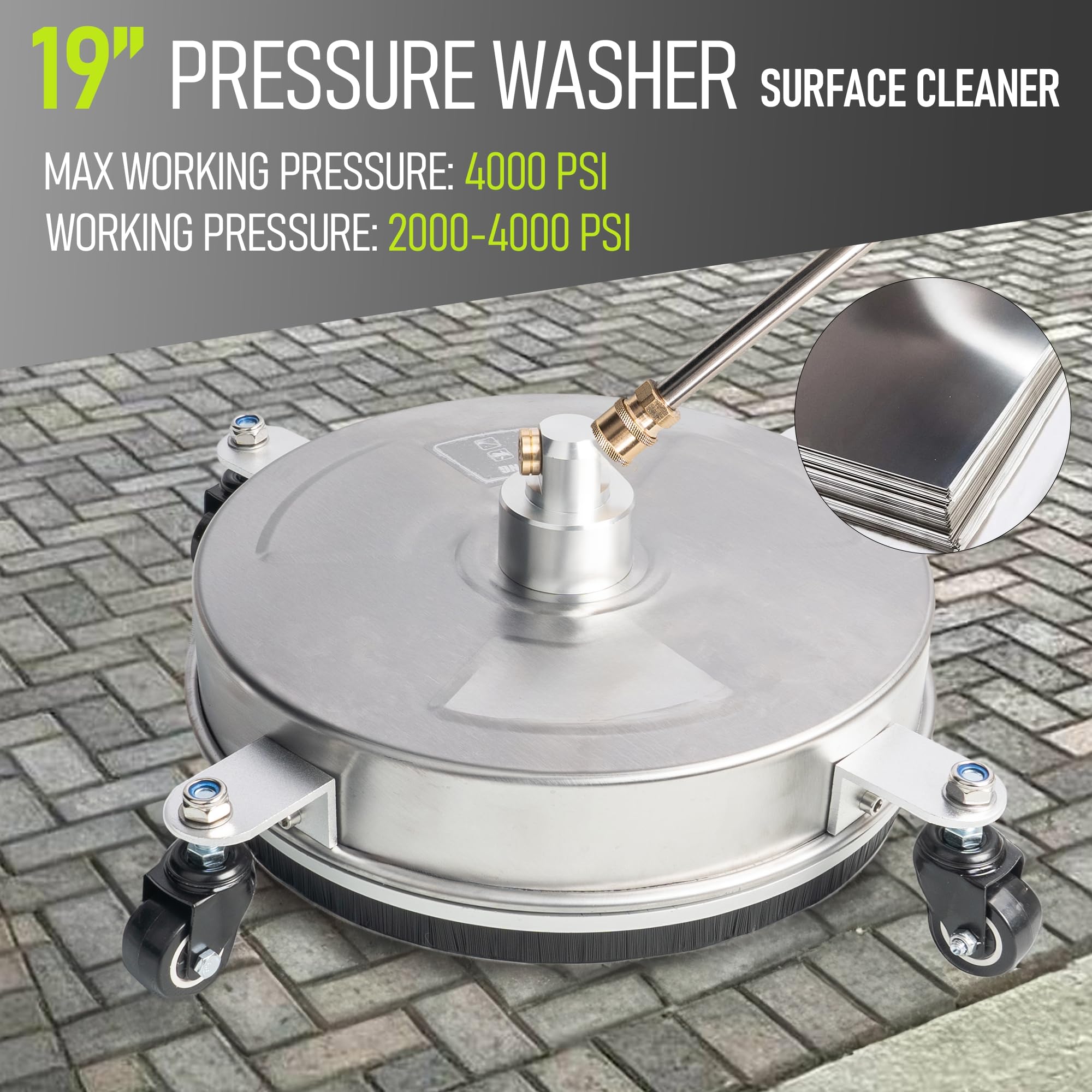 Pressure Washer Surface Cleaner, Stainless Steel Surface Cleaner with 4 Wheels for Driveways, Pathway, Sidewalks, Patios, Decks, with 3/8" Quick Connector Kit Hose Industrial