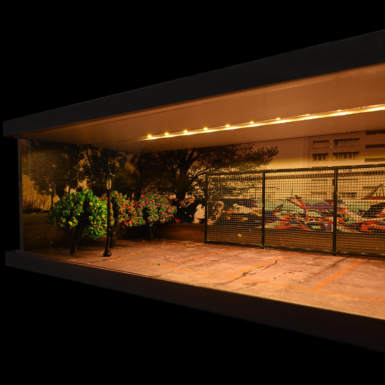 Diorama 1:64 Scale Car Garage Model With LED Lighting Fits For 1/64 Hot Wheels Diecast Model Car City Street Car Parking Lot Backdrop Display Model  Collection Toy Gift with Acrylic Dust Door