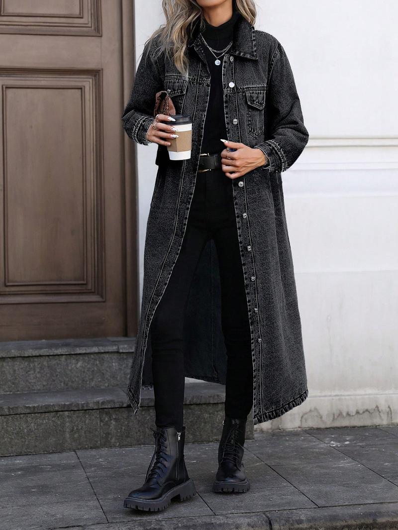 Women's Button Front Denim Coat, Elegant Casual Long Sleeve Outerwear for Spring & Fall, Women's Clothing for Daily Wear