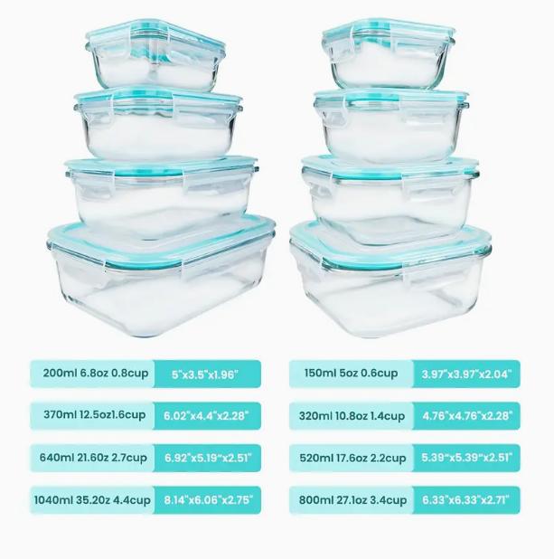 8 Pack Premium Glass Food Storage Containers Airtight Leak-Proof Microwave Oven Freezer Dishwasher Safe BPA Free Stain-Resistant Easy-Clean for Meal Prep Bento Boxes - Kitchen Utensils