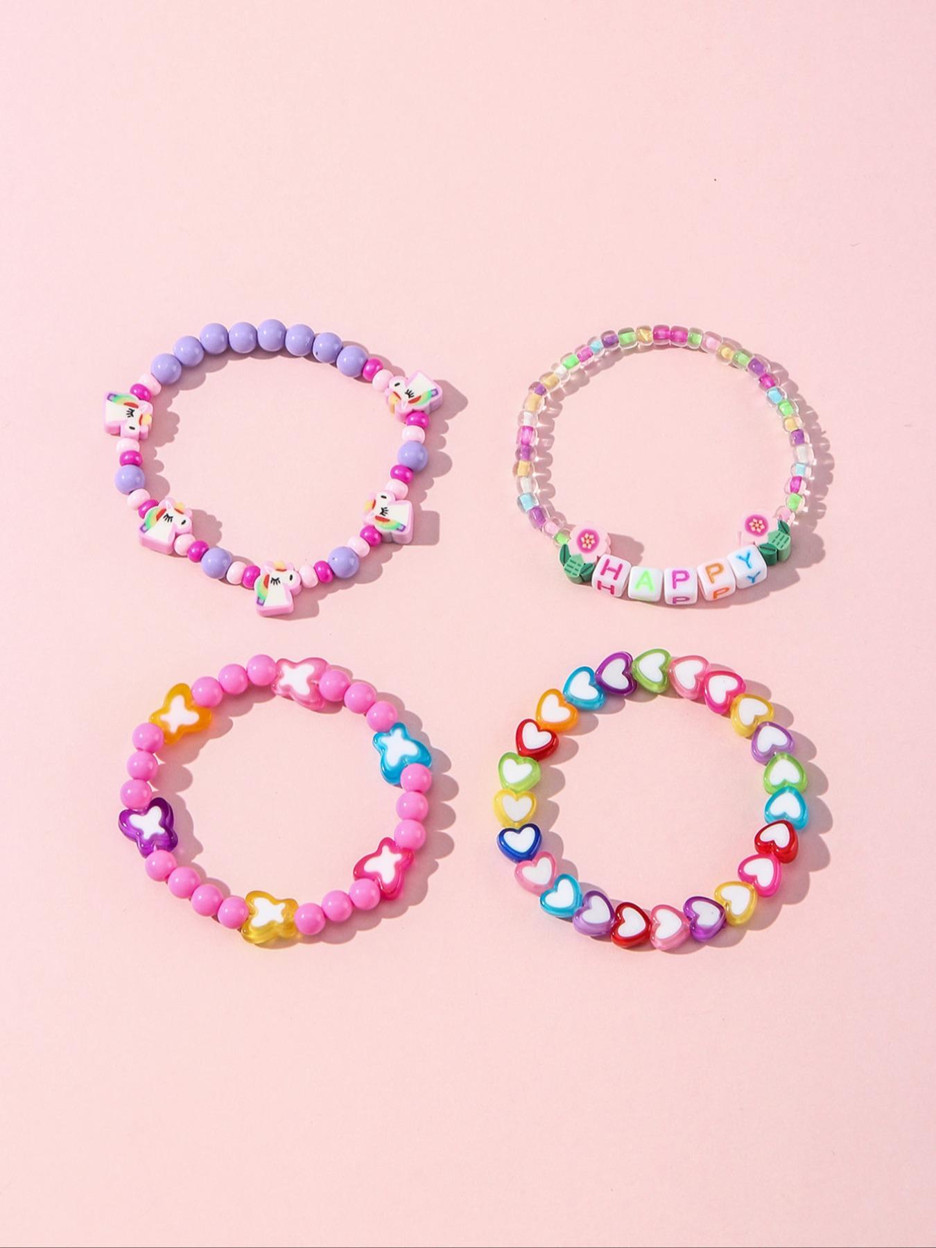 4pcs/set Multicolor Acrylic Beaded Bracelets, Heart Butterfly Letter Glass Beads, Party Gift for Girls, All Seasons Fashion Accessory