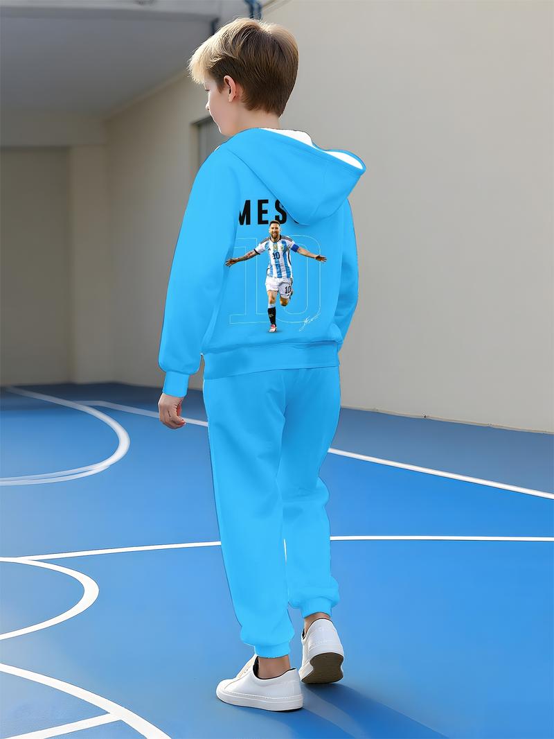 Boys' Football Theme Hoodie & Jogger Set, Casual Fitted Sportswear for Spring & Fall, Warm Comfortable School Training Daily Wear