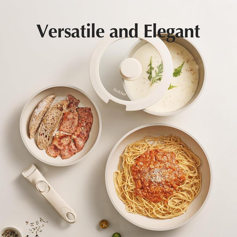 【New Year Sale】Redchef Removable Handle Pots And Pans Non Stick, Ceramic Cookware Set, RV Cookware Set, Non Toxic Pots And Pans Set No PFAS & PTFE & PFOA, Detachable Pots And Pans, Dishwasher & Oven Safe