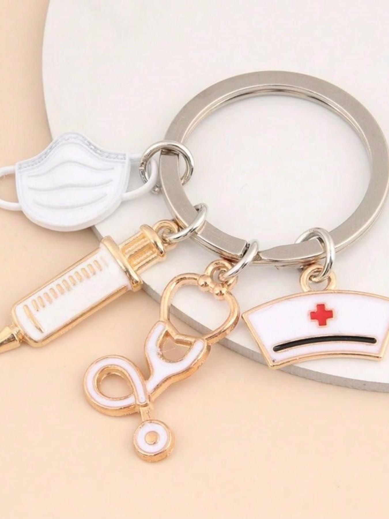 Nurse Mask Stethoscope Keychain Bag Charm, Cute Medical Tool Key Ring with Syringe Pendant and Nurse Cap Detail, Fashion Alloy Purse Accessory, Backpack Ornament, Car Key Holder and Scrubs Charm, Christmas Halloween Birthday Holiday Gift for Mom, Wife, Gi