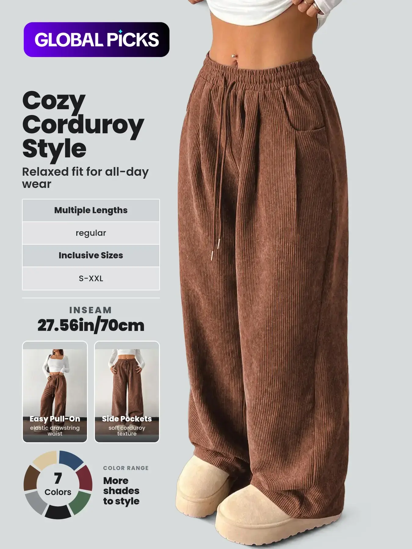 Women's Basic Loose-Fitting Baggy Solid Corduroy Drawstring Adjustable Bottom Pants, Womenswear Casual Everyday All-Season Straight Leg Trousers for Autumn & Winter Valentine's Day #GLOBAL PICKS