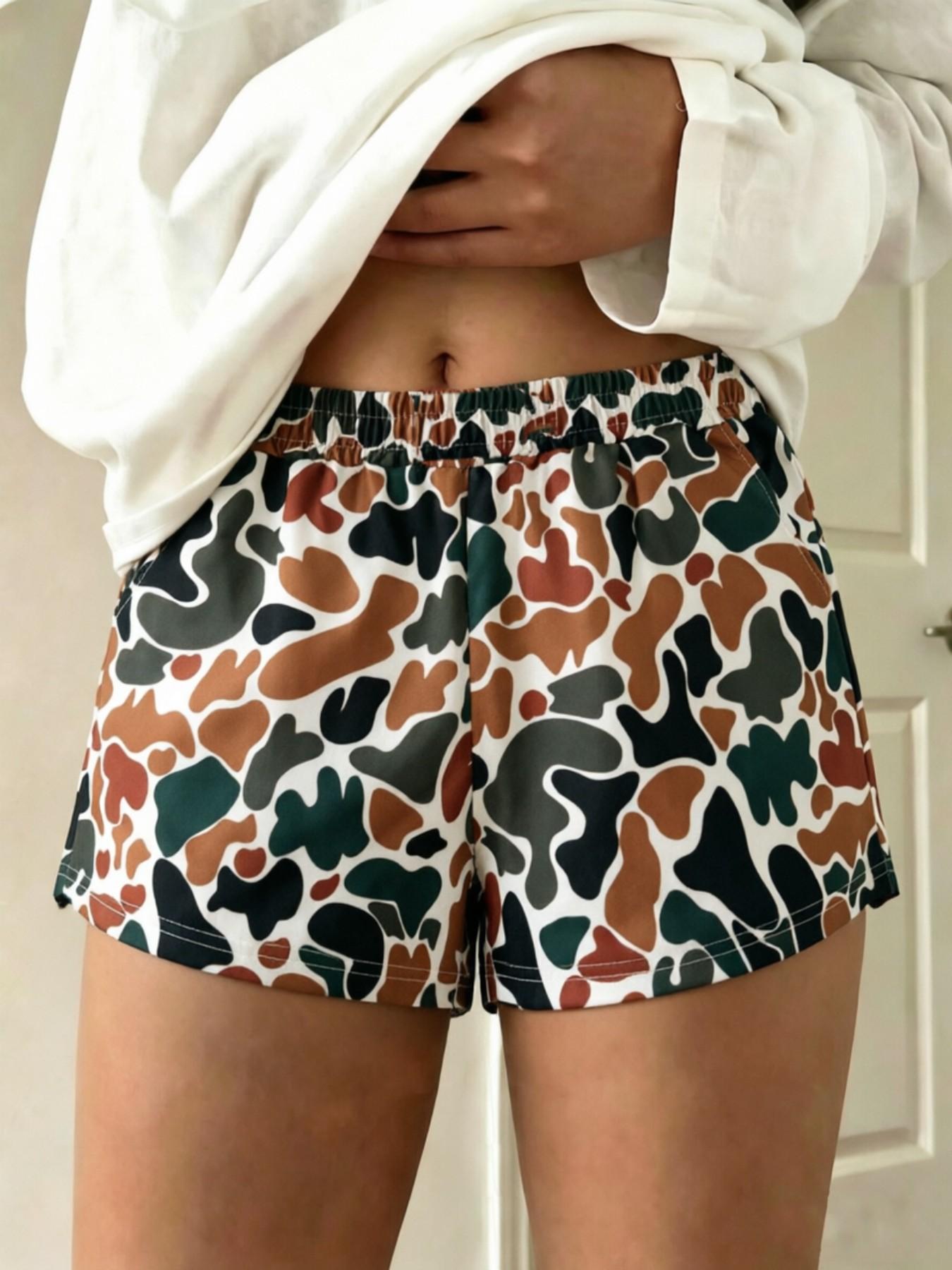 Women's Camo Print Elastic Waist Shorts, Camouflage Print Shorts, Casual Comfy Breathable Shorts for Daily Wear, Ladies Bottoms for All Seasons